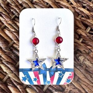 New Handmade Sparkly Silver-Tone Patriotic Dangle Earrings (2.25” l x 0.8” w)
